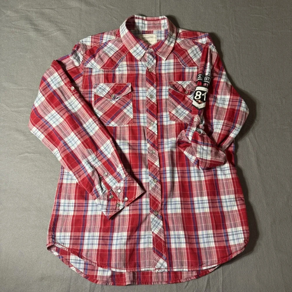 Heritage 1981 Western Snap Shirt‎ Mens Large Red Plaid Roll Tab Sleeve Button Up